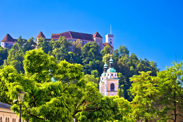 Ljubljana towers and fort on green hill