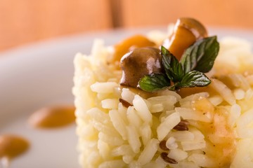Detail of mint herb on rise tower with sauce