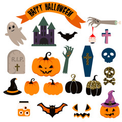 Halloween vector clipart set. Spooky pumpkin icons. Halloween scrapbook illustrations, headstone, coffin, castle, bat and zombie hand with eyes art.