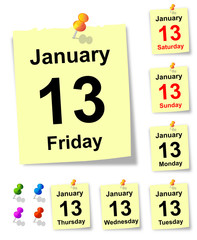13 January, sheet of calendar. vector