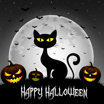 Halloween background with cat and pumpkins on the full moon