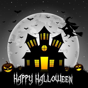 Halloween background with scary house and flying witch on the full moon