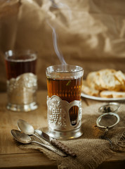 Glass of tea  in Soviet style glass holder