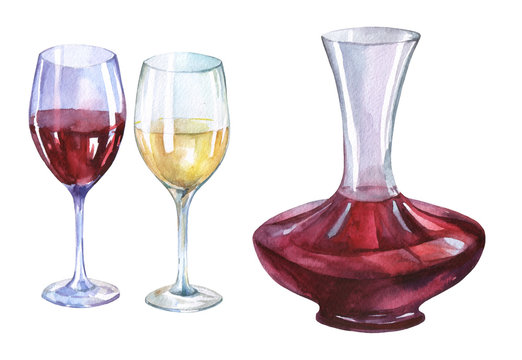 Decanter, glasses of red and white wine. Hand drawn watercolor painting on white background.