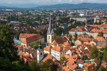 Fototapeta na wymiar Panoramic aerial view of Ljualjana, the capital of Slovenia