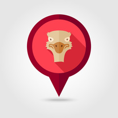 Ostrich flat pin map icon. Animal head vector