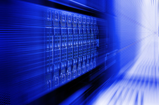blade server  equipment rack data center closeup and blur blue toning