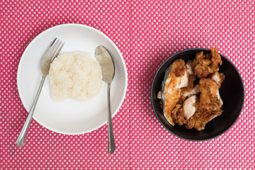 Top view of Fried chicken with Sticky rice on dish,Thai local fo