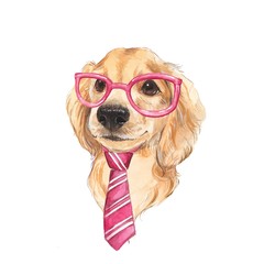 Cute dog. Glasses and tie. Hand painted. Watercolor illustration.