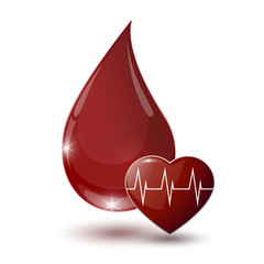 large glossy red drop of blood with medical sign heart