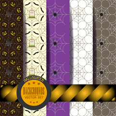 Vector set of Halloween seamless patterns with label and gradient stripe.