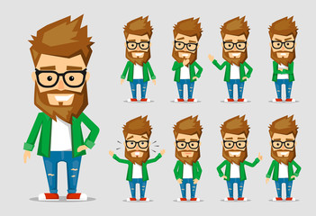 Character men hipster. A collection of several movements and emotions.