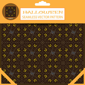 Halloween vector seamless pattern with spider and net in package with shadow.