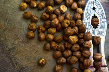 Hazelnuts on the rustic background