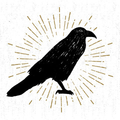 Hand drawn Halloween icon with a textured raven vector illustration.