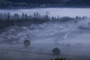 Foggy morning at Lans en Vercors town