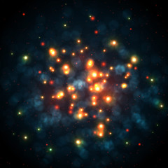 Fototapeta premium Orange sparkles in dark blue bokeh background, vector illustration