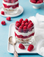Raspberry dessert, cheesecake, mouse in a glass