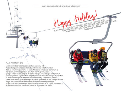 Vector illustration of skiers riding on the lift at the ski resort on a white background. Template brochure, flyer or illustration for website for ski resort, winter vacation, winter active sport