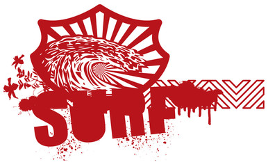 red surf banner with wave and hibiscus