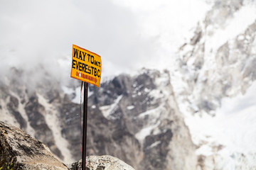 Mount Everest signpost in Himalayas Nepal