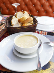 Seafood soup in restaurant.