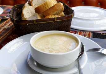Seafood soup in restaurant.