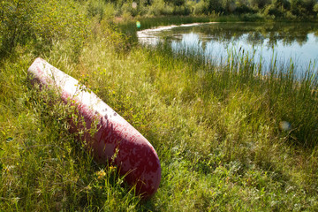 Canoe in weeds and bush at lake shore
