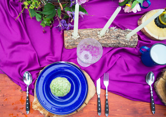 Details on Wedding table, setting decorated in rustic style. Wed