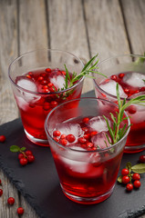 Refreshing drink with cranberries and rosemary on wooden background, selective focus