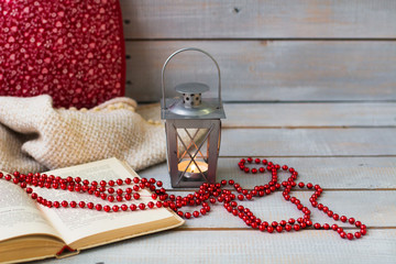 Christmas Lanterns, tangerine and red beads on white wooden back