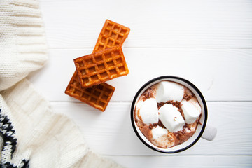 Cup hot chocolate with marshmallows in a ceramic cup, plaid and