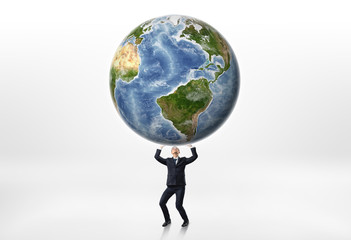 Businessmen holding the Earth up above himself on a white background