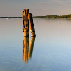 Wooden Posts in Calm Lake at Sunrise