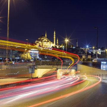 The Suleymaniye Mosque at night. .
