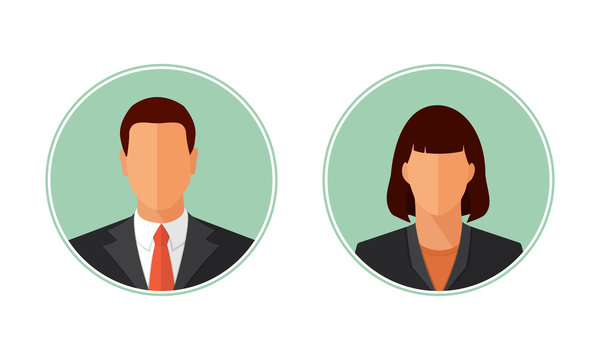 Business man and woman avatars, portraits. Flat style design vector circle illustration isolated on white. Male and female icon set.