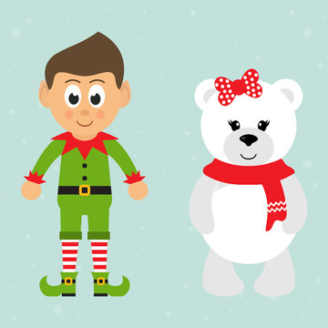 cartoon christmas elf and winter bear