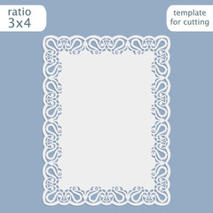 Laser cut wedding invitation card template with openwork border.  Cut out the paper card with lace pattern.  Greeting card template for cutting plotter. Vector.