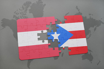 puzzle with the national flag of austria and puerto rico on a world map background.