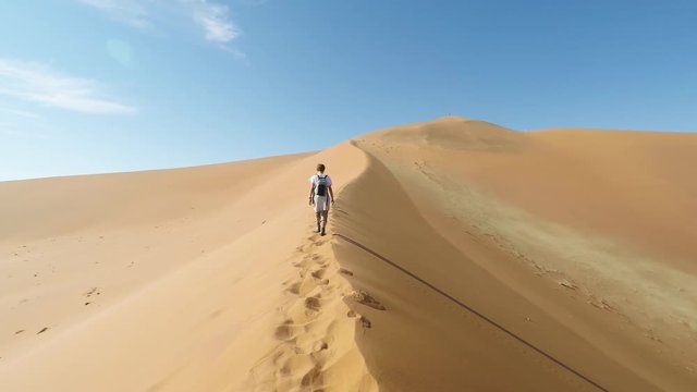Tourist walking in the majestic Namib desert, Sossusvlei, Namib Naukluft National Park, main visitor attraction and travel destination in Namibia. Adventures in Africa.