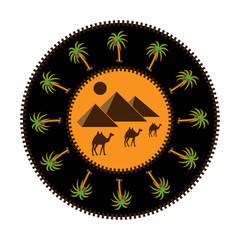 Circle image icon of egyptian pyramids, camels, palm trees.