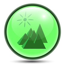 Image spherical icon of mountain recreation. Glossy button.