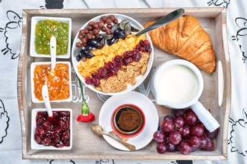 French breakfast on a tray. Breakfast to bed