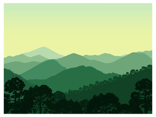Woodland landscape. Panorama of green mountains.