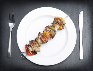 Meat kebab with vegetables in white plate