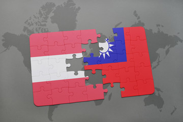 puzzle with the national flag of austria and taiwan on a world map background.