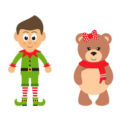 cartoon christmas elf and winter teddy on a white background