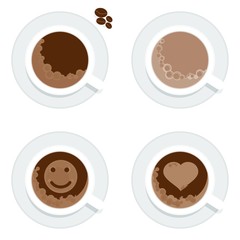 Set of white cups of coffee, cappuccino and espresso. Froth in the form of heart, smile. Flat vetor cartoon coffee illustration. Objects isolated on a white background.