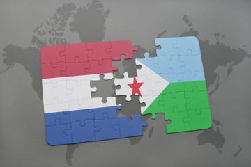 puzzle with the national flag of netherlands and djibouti on a world map background.