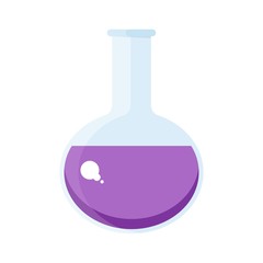 Chemical flask. Erlenmeyer flask, distilling flask, volumetric flask, test tube. Flat vector cartoon flask illustration. Objects isolated on a white background.